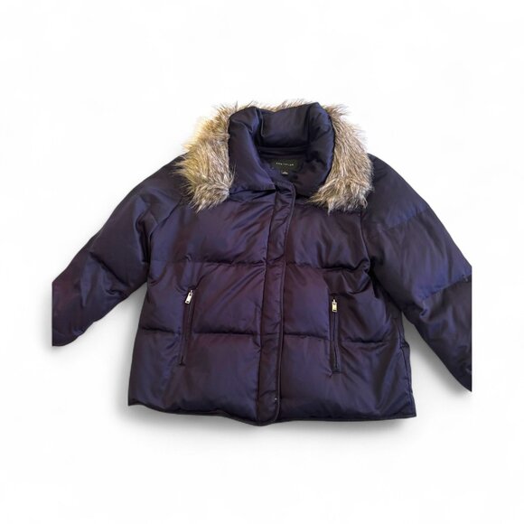 Ann Taylor Down Puffer Jacket Deep Navy Blue Large Removable Faux Fur Collar - Picture 1 of 7